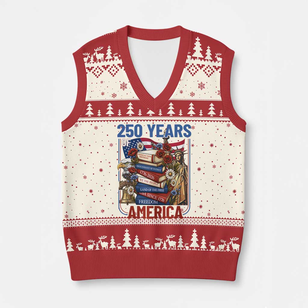 250 Years American Anniversary V-Neck Knit Sweater Vest Patriotic Book Reader 4th of July