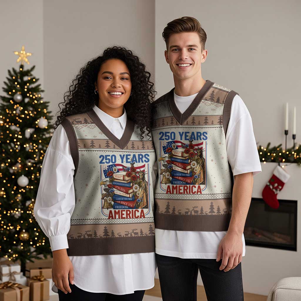 250 Years American Anniversary V-Neck Knit Sweater Vest Patriotic Book Reader 4th of July
