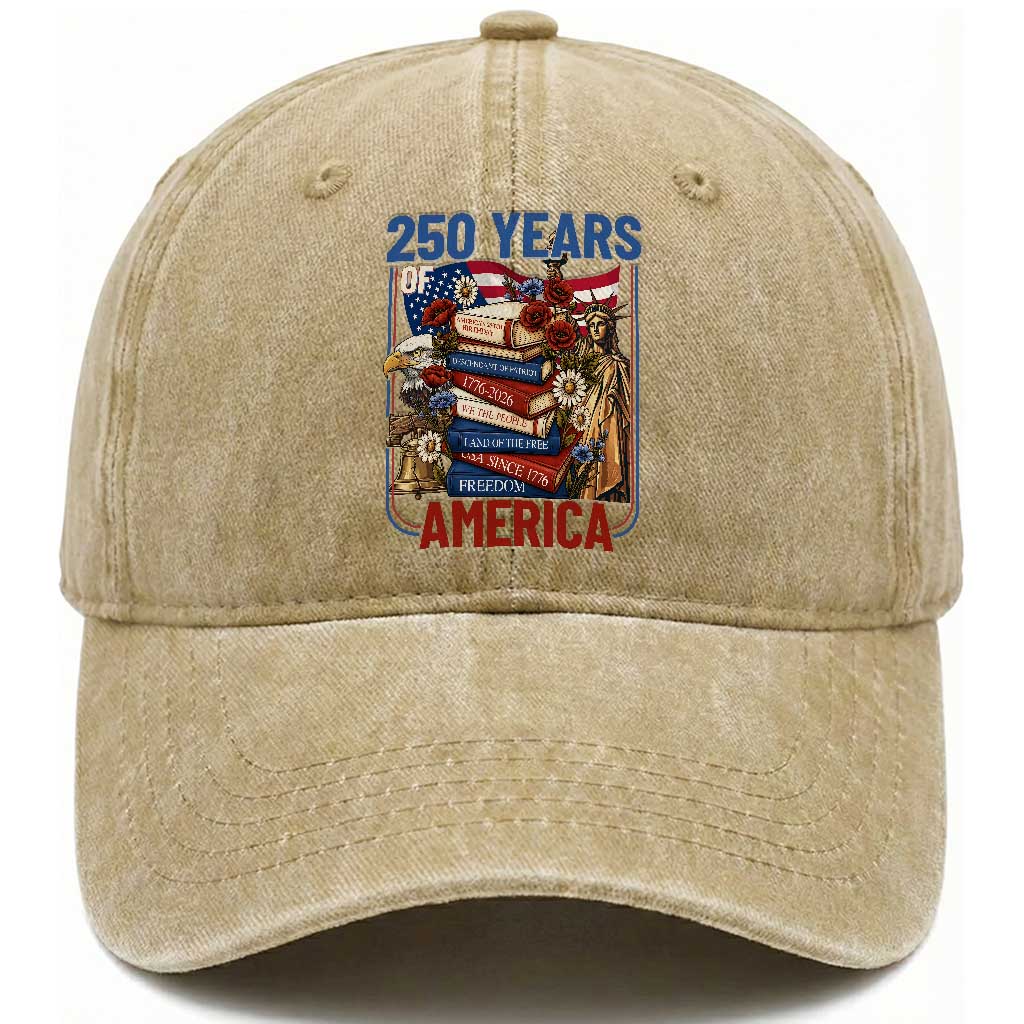 250 Years American Anniversary Washed Cotton Baseball Cap Patriotic Book Reader 4th of July