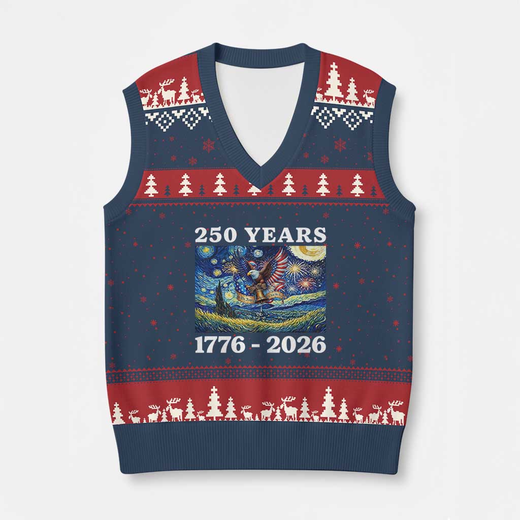 250th America Anniversary V-Neck Knit Sweater Vest Starry Night Patriotic Eagle Liberty Bell American Flag