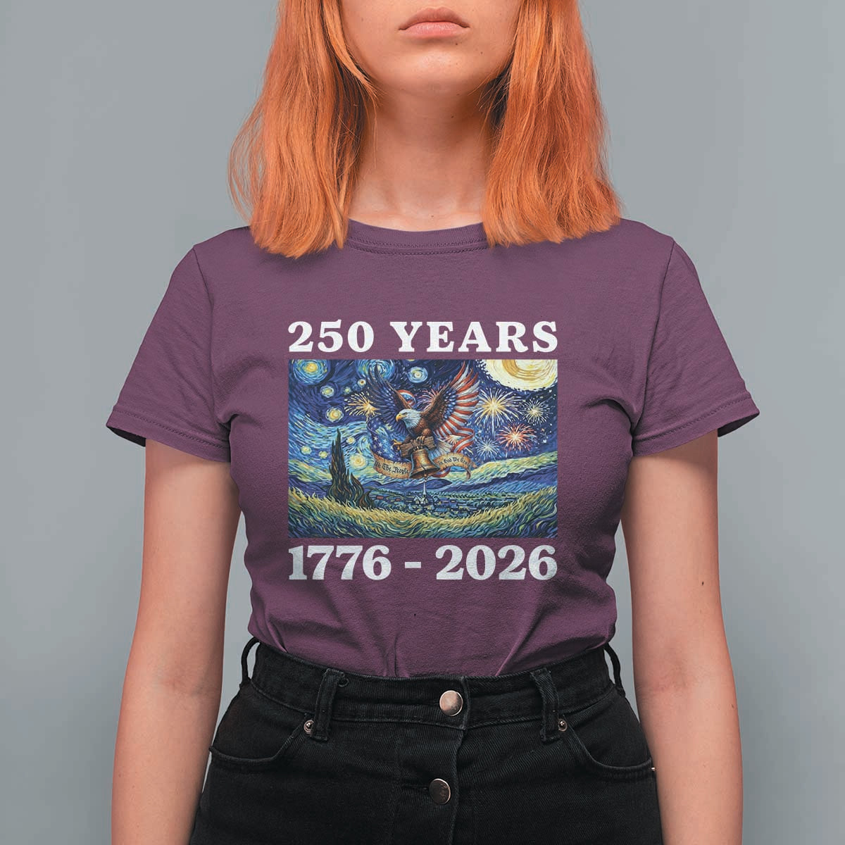 250th America Anniversary T Shirt For Women Starry Night Patriotic Eagle Liberty Bell American Flag