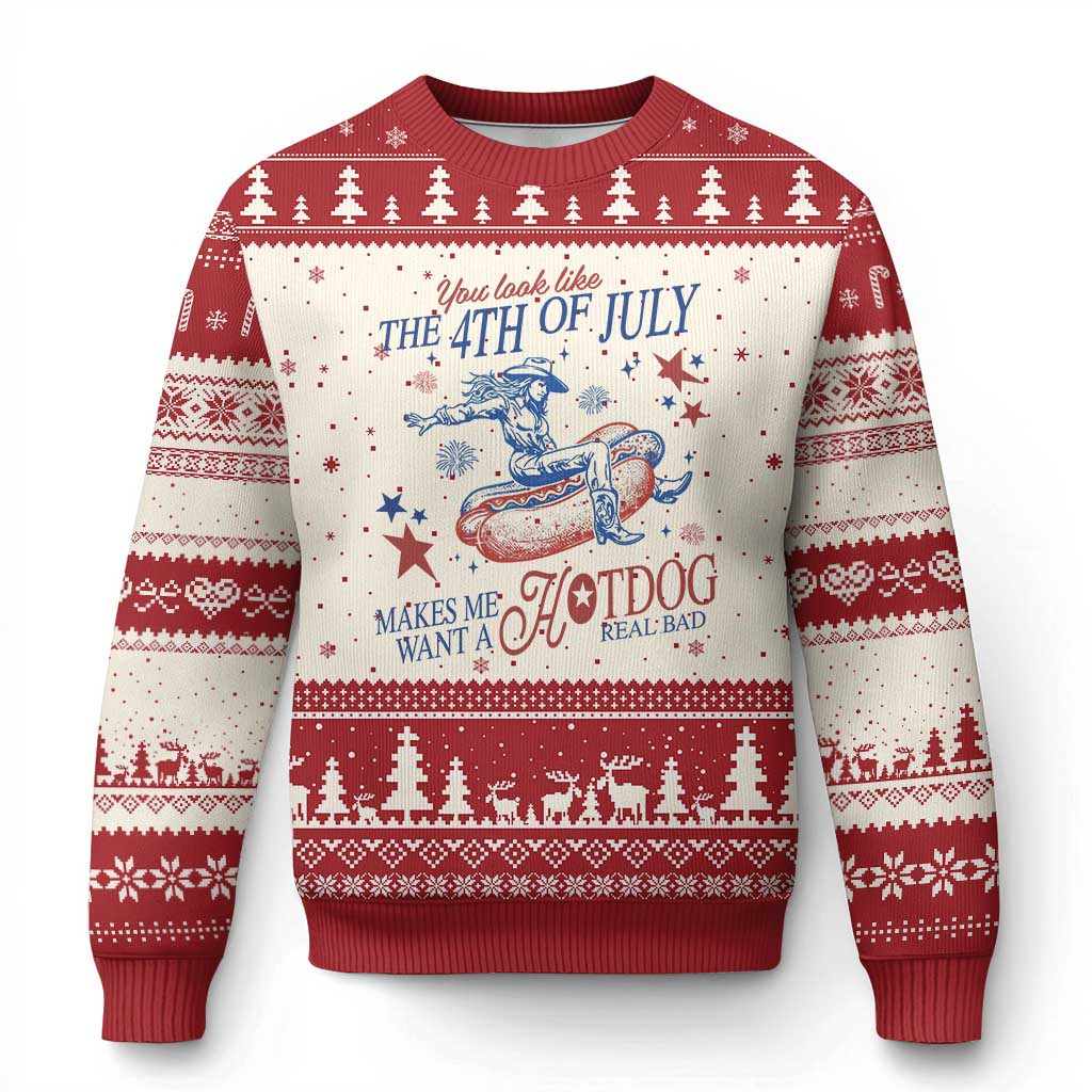 Western Cowgirl You Look Like the 4th of July Ugly Christmas Sweater Makes Me Want A Hot Dog Real Bad