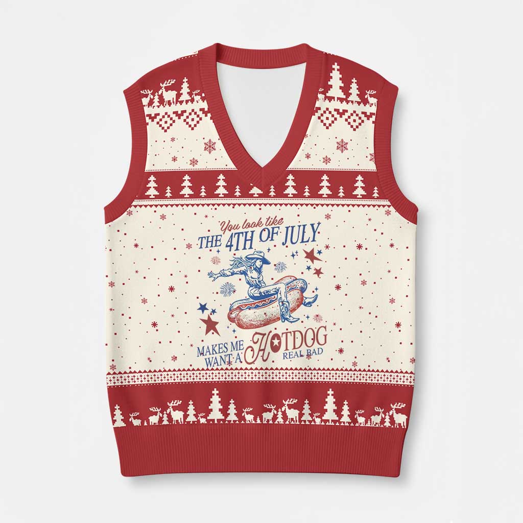 Western Cowgirl You Look Like the 4th of July V-Neck Knit Sweater Vest Makes Me Want A Hot Dog Real Bad