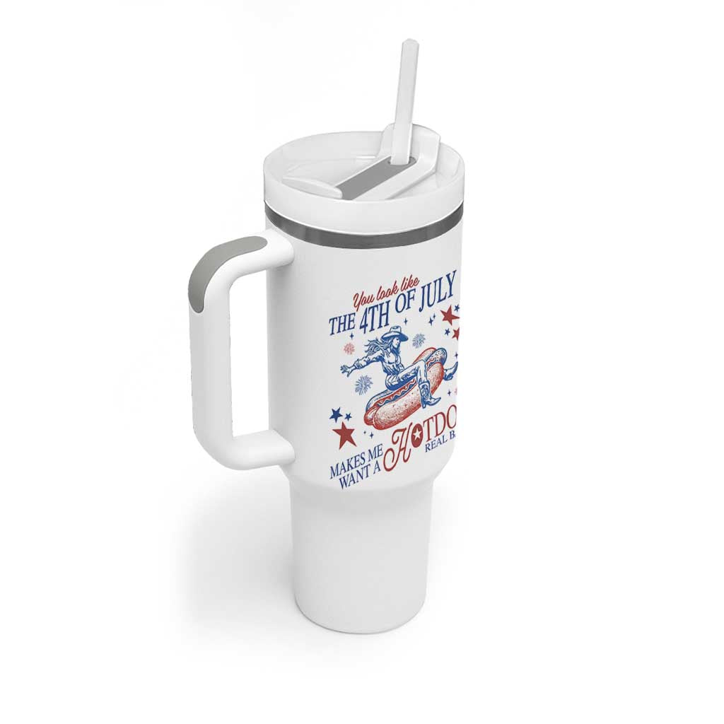 Western Cowgirl You Look Like the 4th of July Tumbler With Handle Makes Me Want A Hot Dog Real Bad