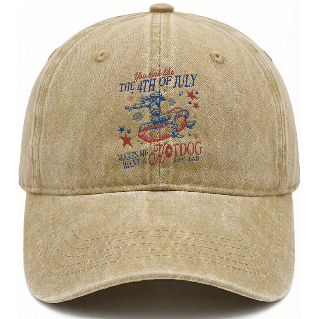 Western Cowgirl You Look Like the 4th of July Washed Cotton Baseball Cap Makes Me Want A Hot Dog Real Bad