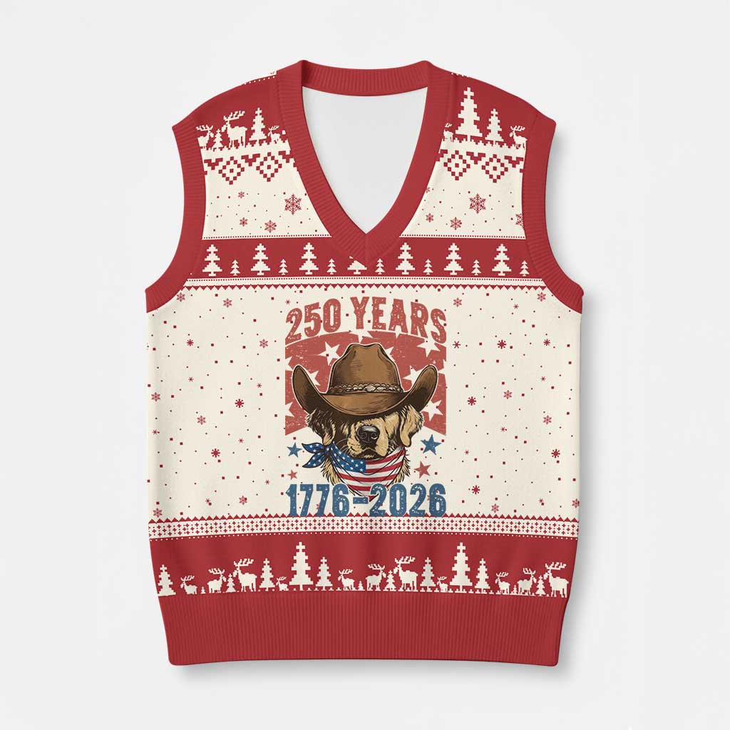 250th America Anniversary V-Neck Knit Sweater Vest Western Golden Retriever 4th of July