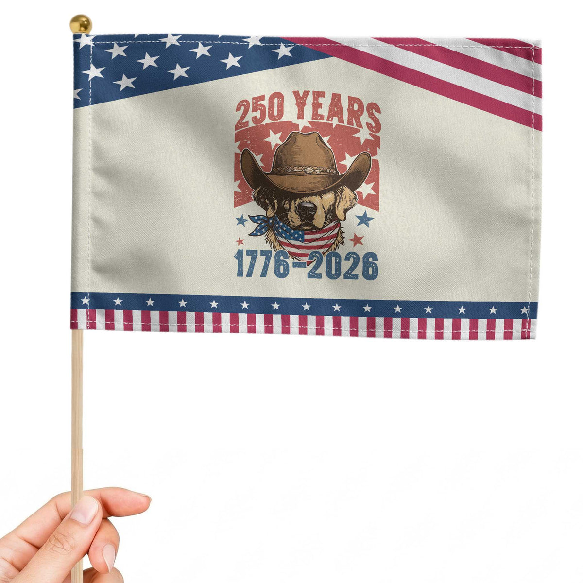 250th America Anniversary Patriotic Handheld Flag Western Golden Retriever 4th of July