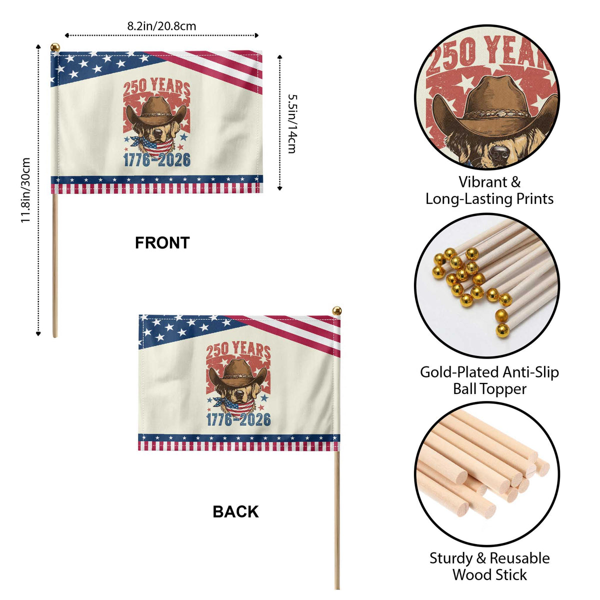 250th America Anniversary Patriotic Handheld Flag Western Golden Retriever 4th of July