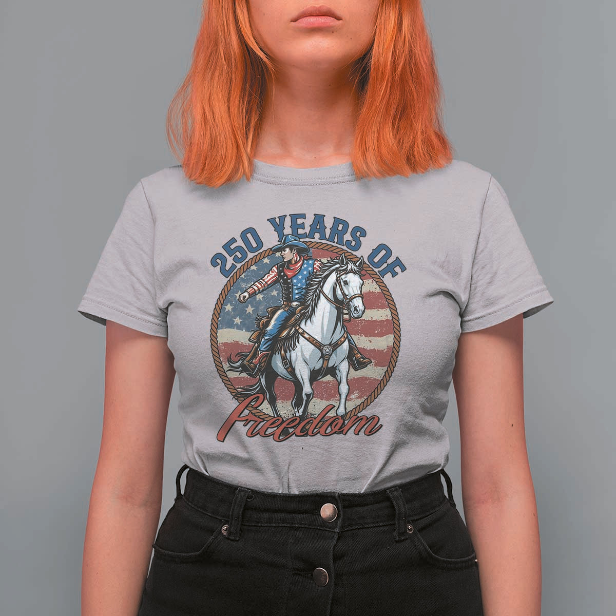 America 250th Anniversary T Shirt For Women American Flag Cowboy Rodeo 4th of July