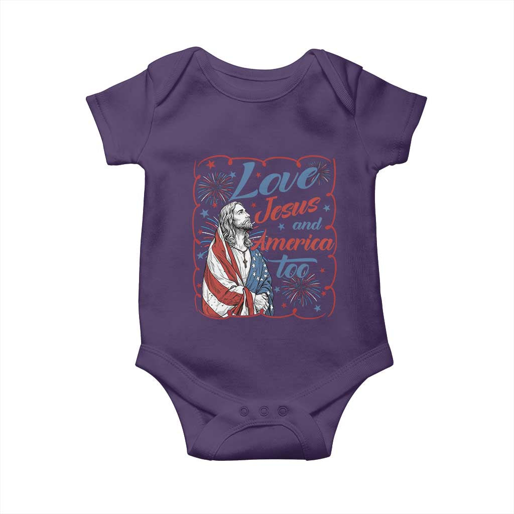 Loves Jesus and America Too Baby Onesie Patriotic Christian Jesus 4th of July