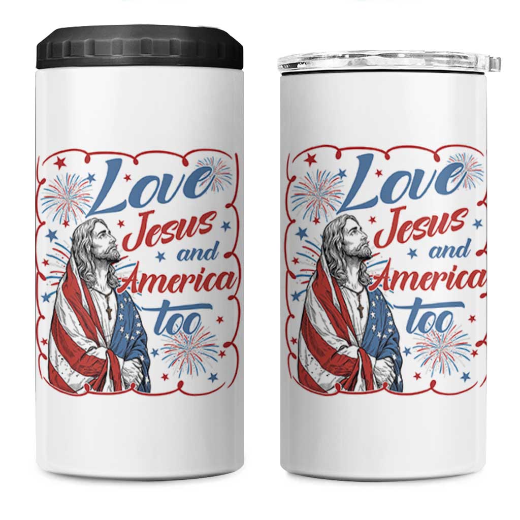 Loves Jesus and America Too 4 in 1 Can Cooler Tumbler Patriotic Christian Jesus 4th of July
