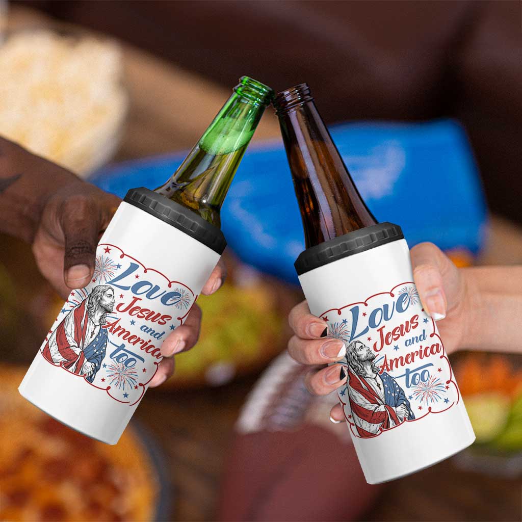 Loves Jesus and America Too 4 in 1 Can Cooler Tumbler Patriotic Christian Jesus 4th of July