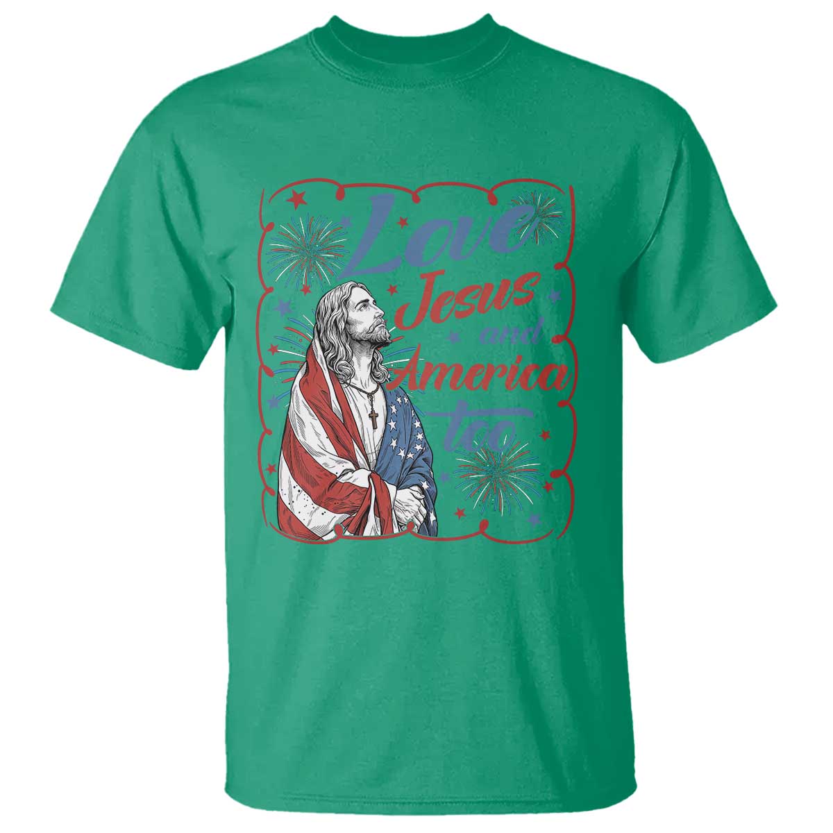 Loves Jesus and America Too T Shirt Patriotic Christian Jesus 4th of July