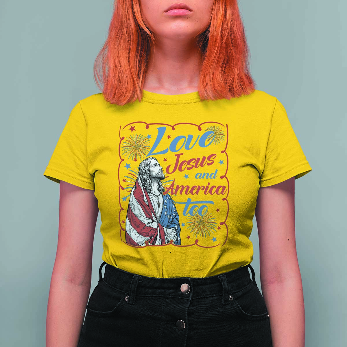 Loves Jesus and America Too T Shirt For Women Patriotic Christian Jesus 4th of July