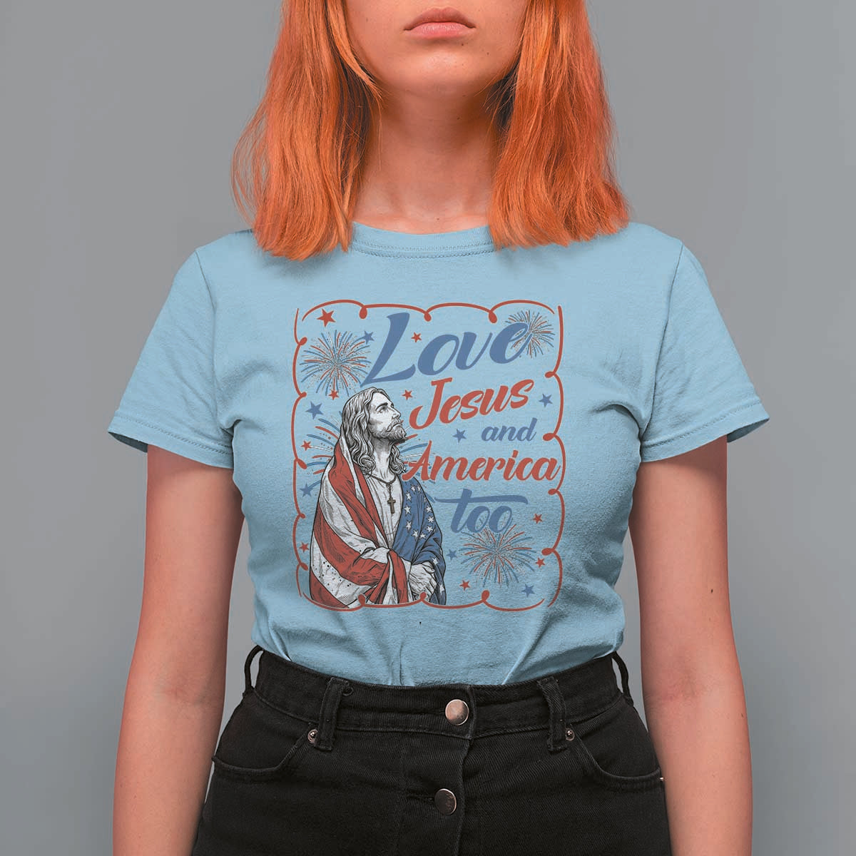 Loves Jesus and America Too T Shirt For Women Patriotic Christian Jesus 4th of July