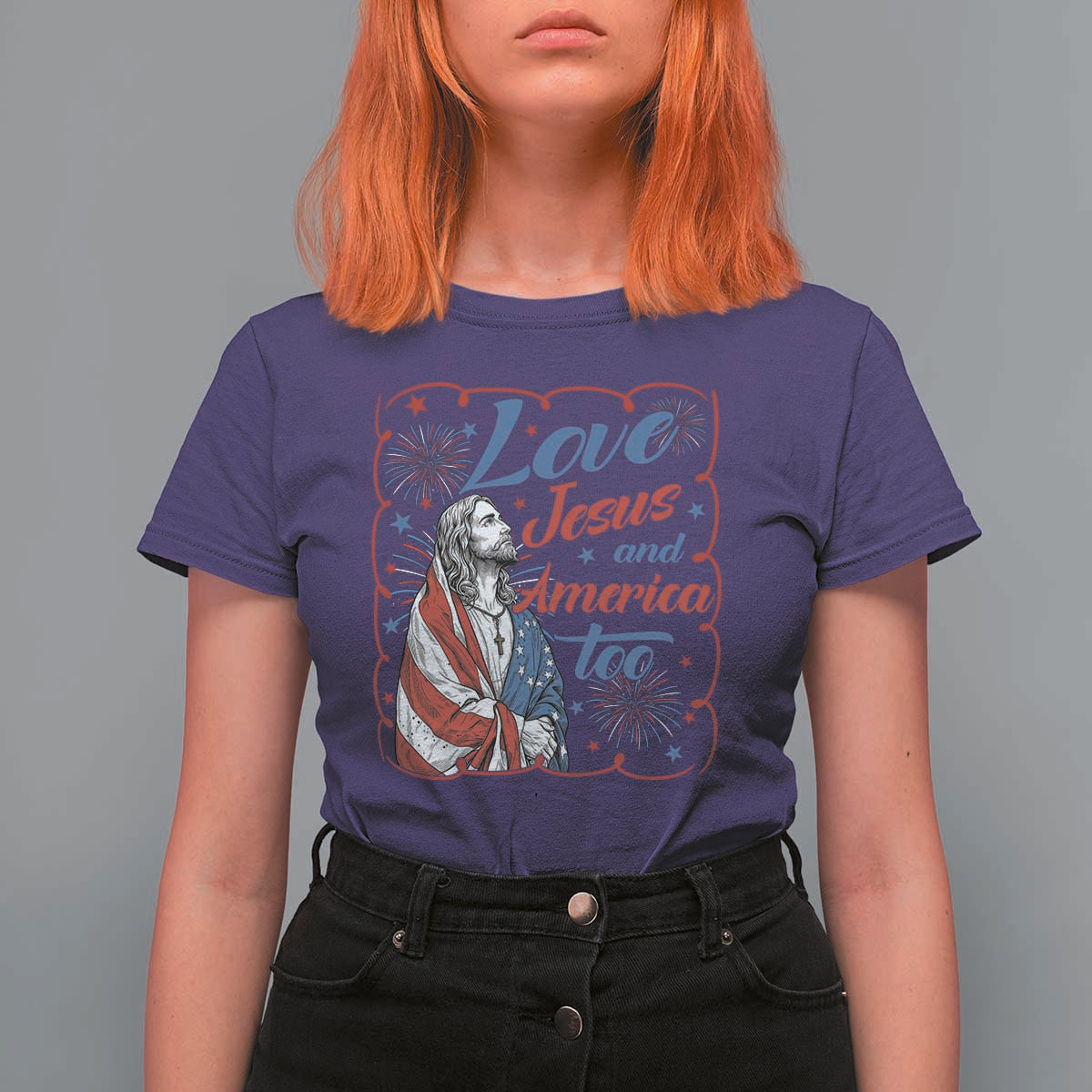 Loves Jesus and America Too T Shirt For Women Patriotic Christian Jesus 4th of July