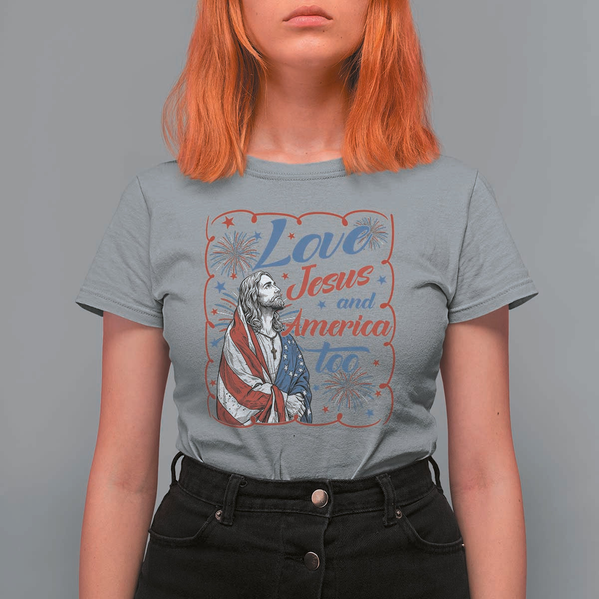 Loves Jesus and America Too T Shirt For Women Patriotic Christian Jesus 4th of July