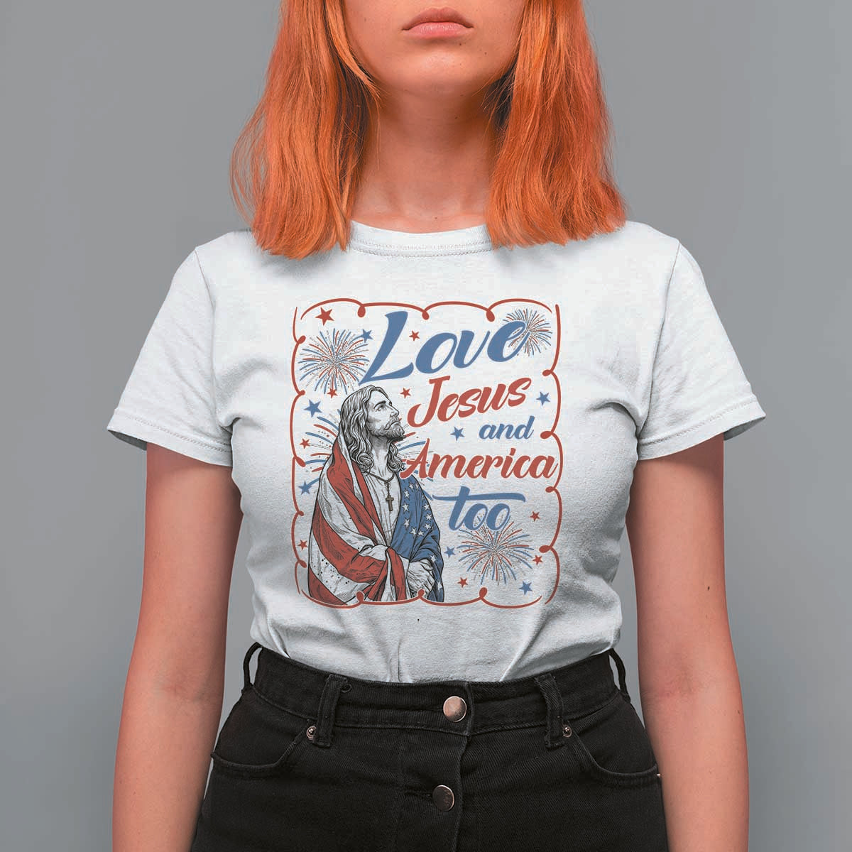 Loves Jesus and America Too T Shirt For Women Patriotic Christian Jesus 4th of July