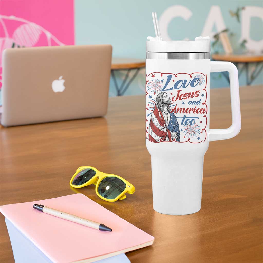 Loves Jesus and America Too Tumbler With Handle Patriotic Christian Jesus 4th of July