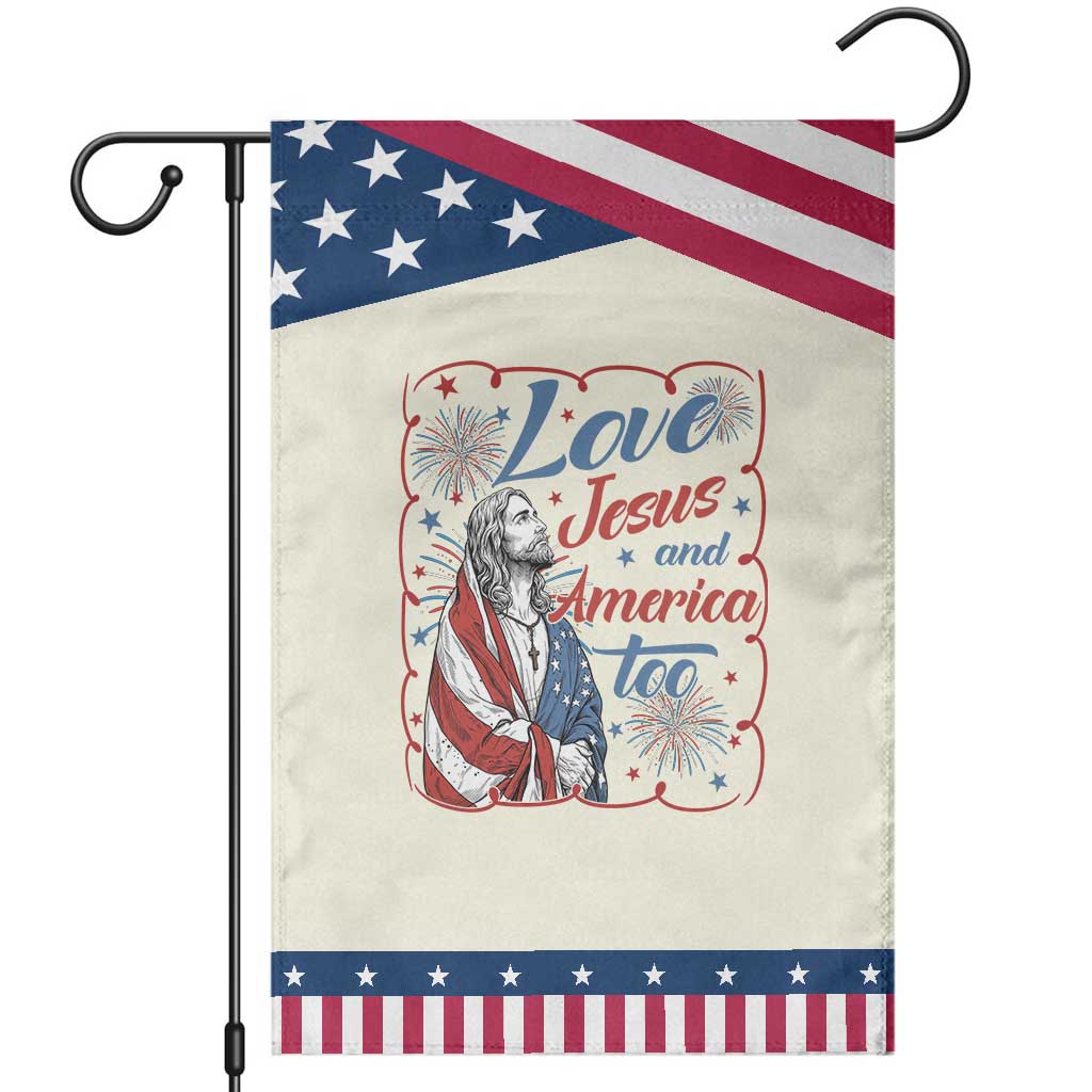 Loves Jesus and America Too Patriotic Garden Flag Christian Jesus 4th of July