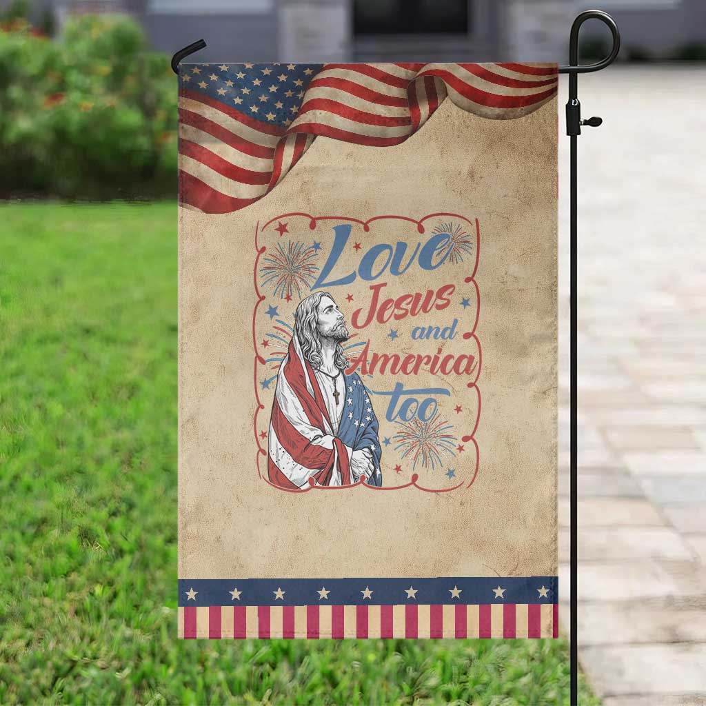 Loves Jesus and America Too Patriotic Garden Flag Christian Jesus 4th of July