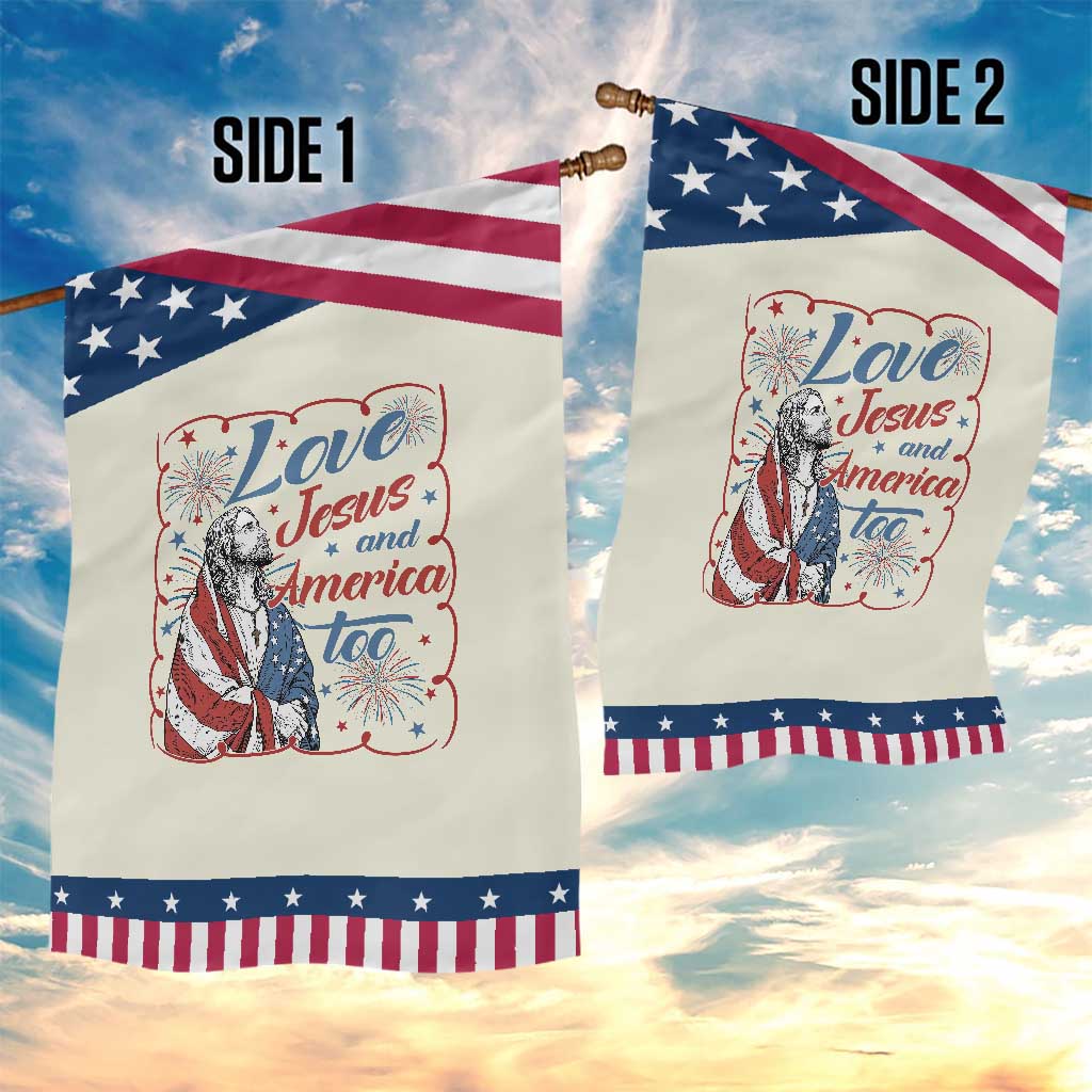 Loves Jesus and America Too Patriotic Garden Flag Christian Jesus 4th of July