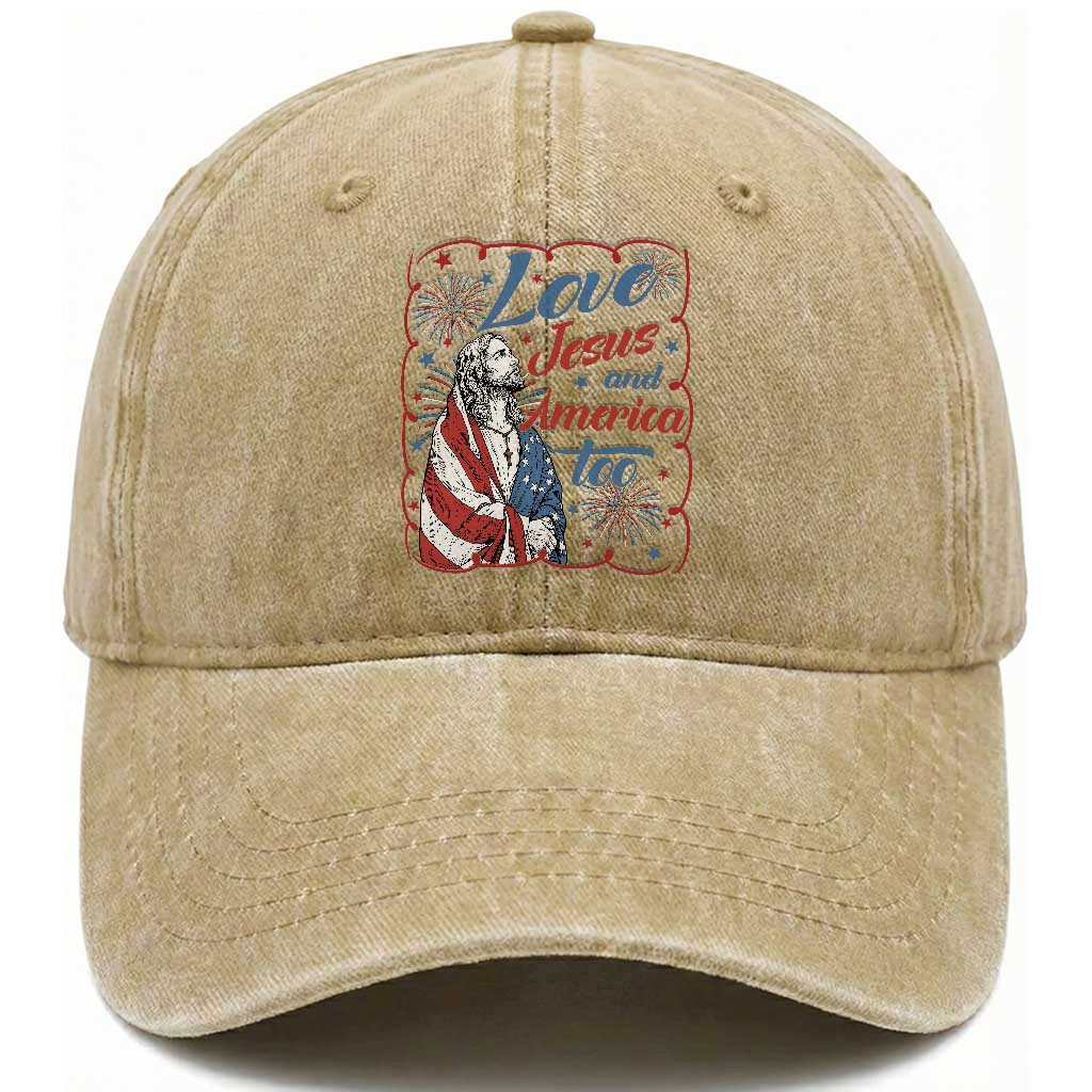 Loves Jesus and America Too Washed Cotton Baseball Cap Patriotic Christian Jesus 4th of July