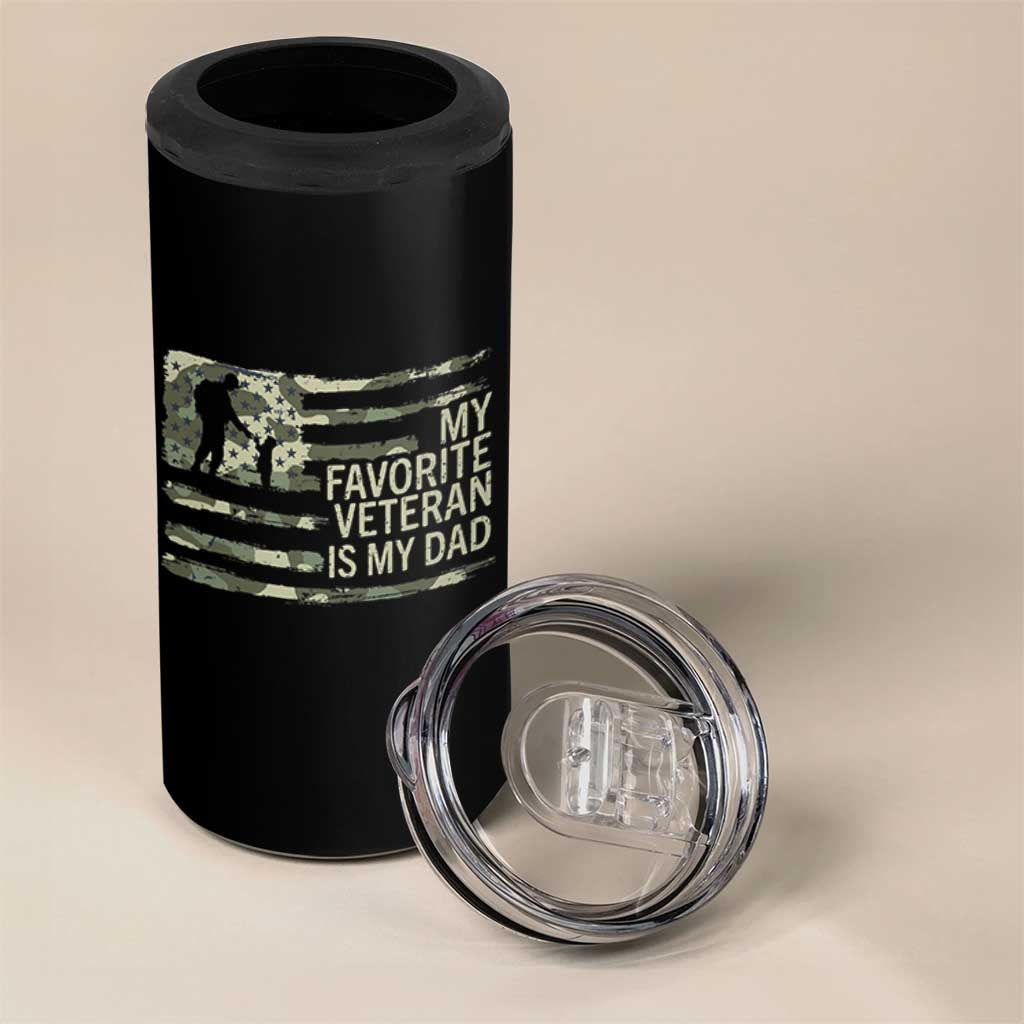 My Favorite Veteran is My Dad 4 in 1 Can Cooler Tumbler Veteran Dad Camo American Flag