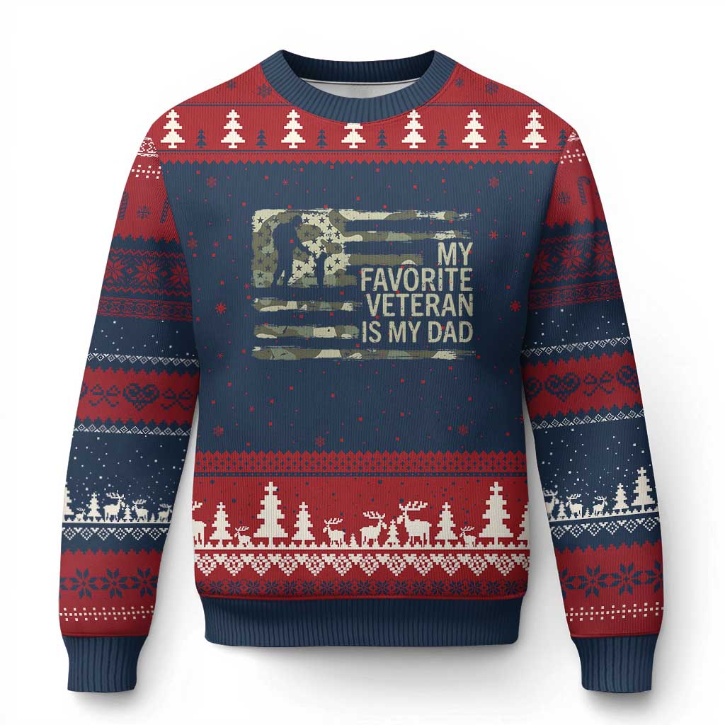 My Favorite Veteran is My Dad Ugly Christmas Sweater Veteran Dad Camo American Flag