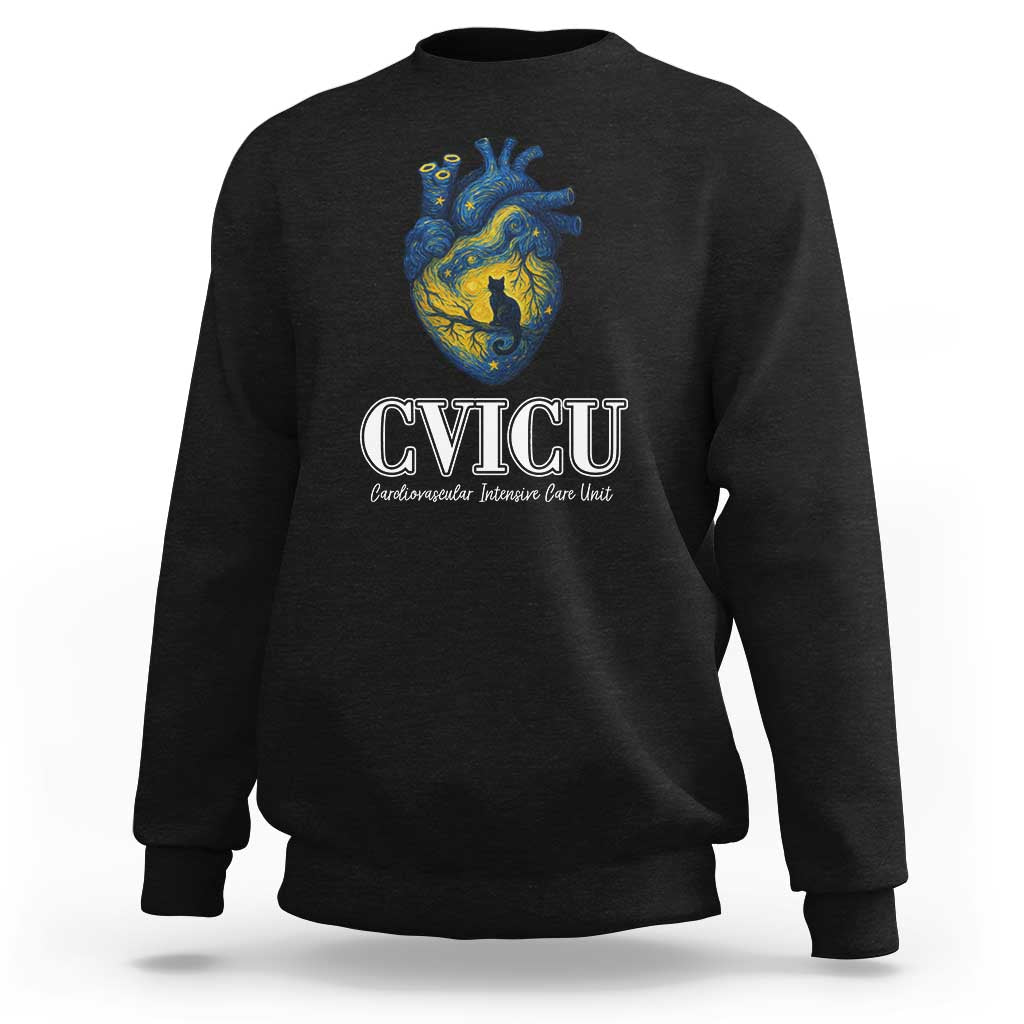 CVICU Nurse Cat Starry Night Sweatshirt Cardiovascular Intensive Care Unit - Wonder Print Shop
