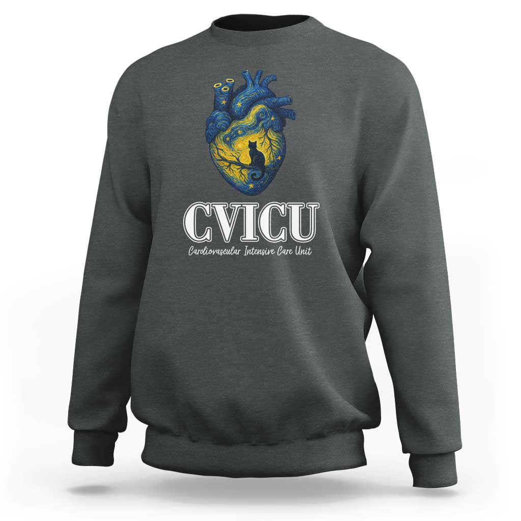 CVICU Nurse Cat Starry Night Sweatshirt Cardiovascular Intensive Care Unit - Wonder Print Shop