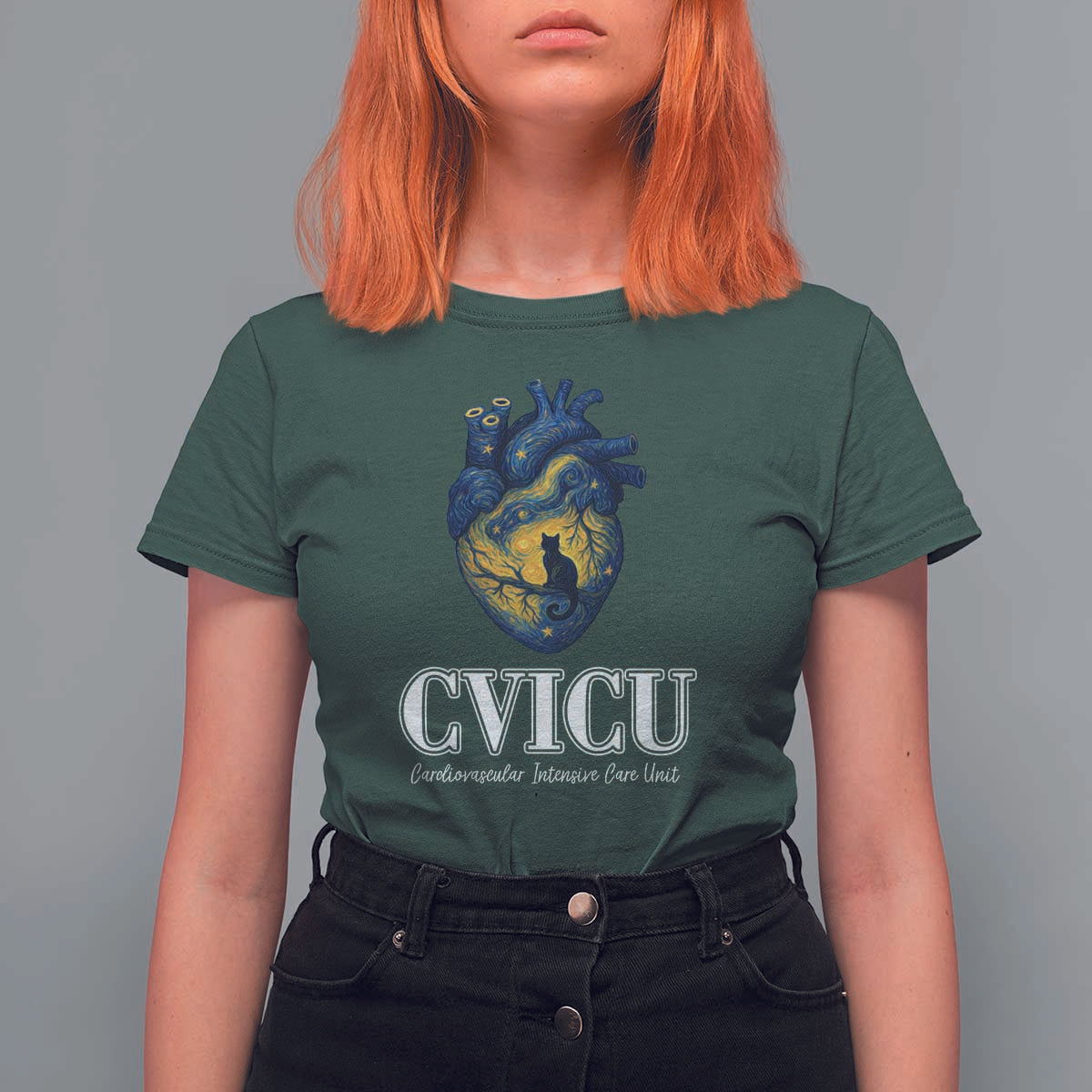 CVICU Nurse Cat Starry Night T Shirt For Women Cardiovascular Intensive Care Unit - Wonder Print Shop