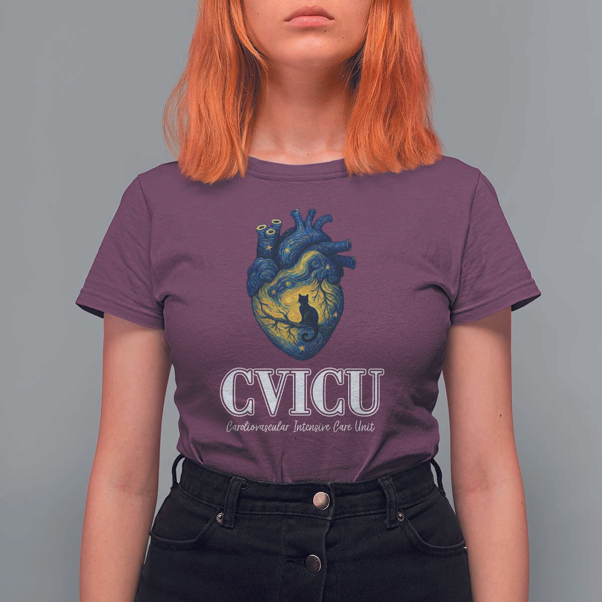 CVICU Nurse Cat Starry Night T Shirt For Women Cardiovascular Intensive Care Unit - Wonder Print Shop