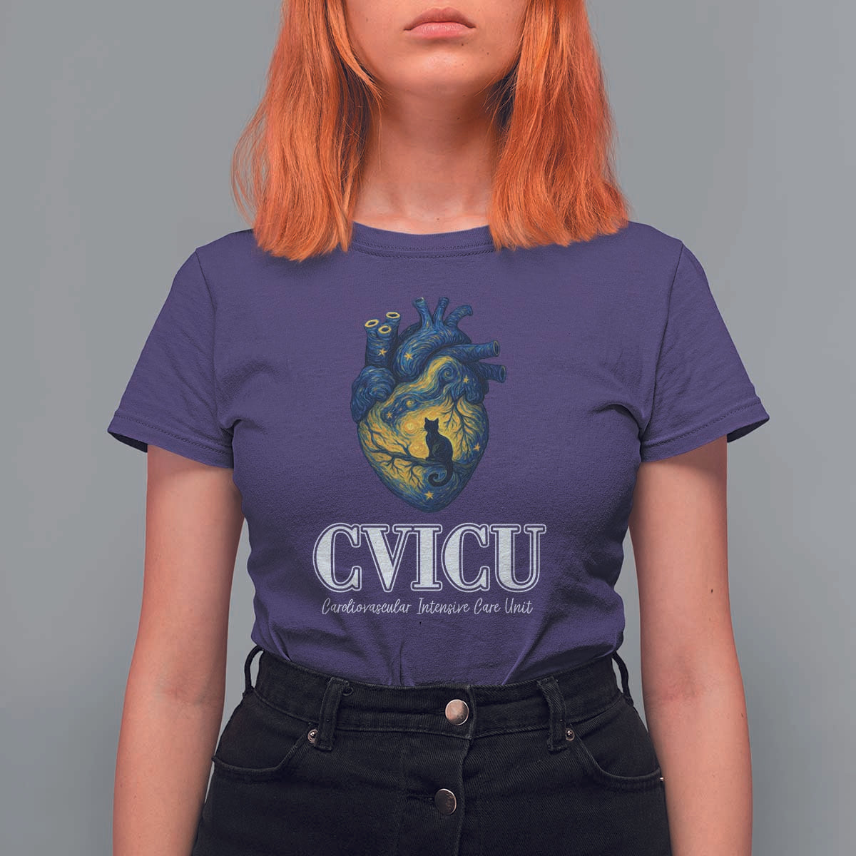 CVICU Nurse Cat Starry Night T Shirt For Women Cardiovascular Intensive Care Unit - Wonder Print Shop