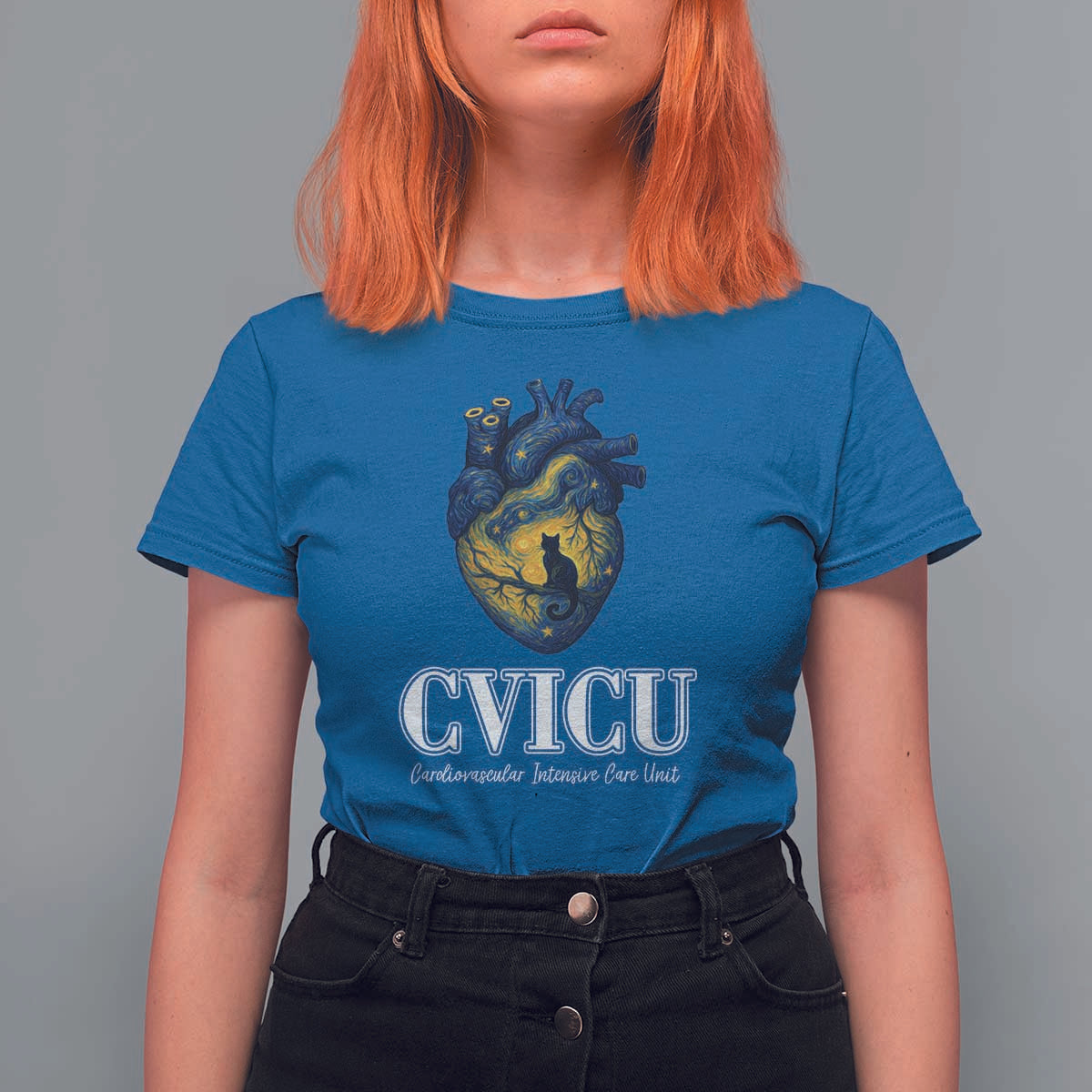 CVICU Nurse Cat Starry Night T Shirt For Women Cardiovascular Intensive Care Unit - Wonder Print Shop