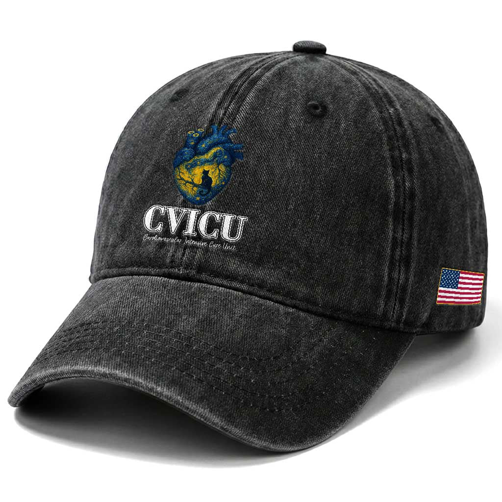 CVICU Nurse Cat Starry Night Washed Cotton Baseball Cap Cardiovascular Intensive Care Unit
