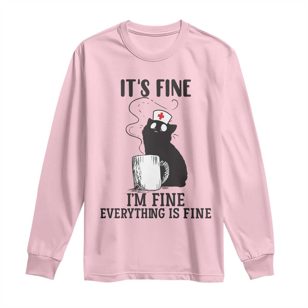 Funny Cat Nurse Long Sleeve Shirt It Is Fine I Am Fine Everything Is Fine - Wonder Print Shop