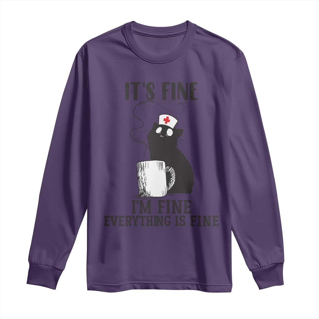Funny Cat Nurse Long Sleeve Shirt It Is Fine I Am Fine Everything Is Fine - Wonder Print Shop