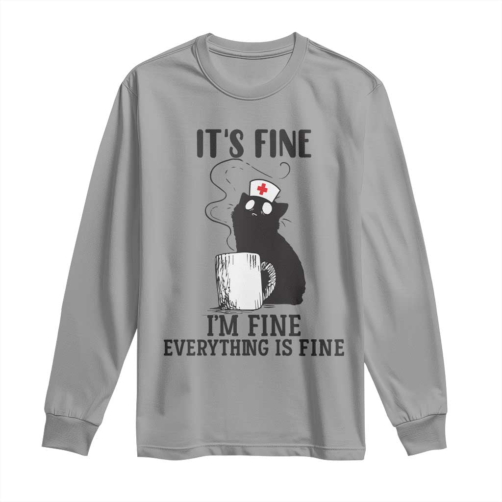 Funny Cat Nurse Long Sleeve Shirt It Is Fine I Am Fine Everything Is Fine - Wonder Print Shop