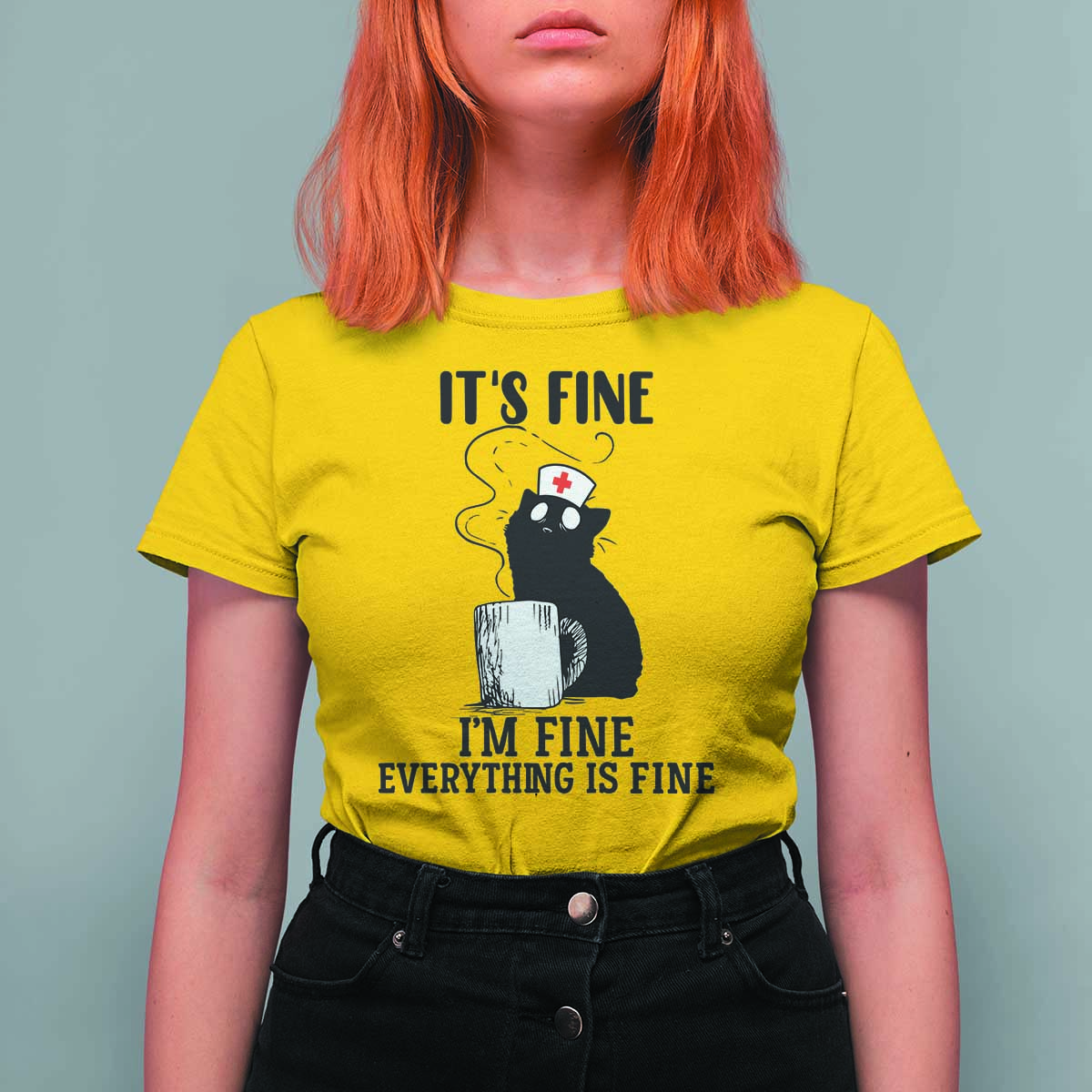 Funny Cat Nurse T Shirt For Women It Is Fine I Am Fine Everything Is Fine - Wonder Print Shop