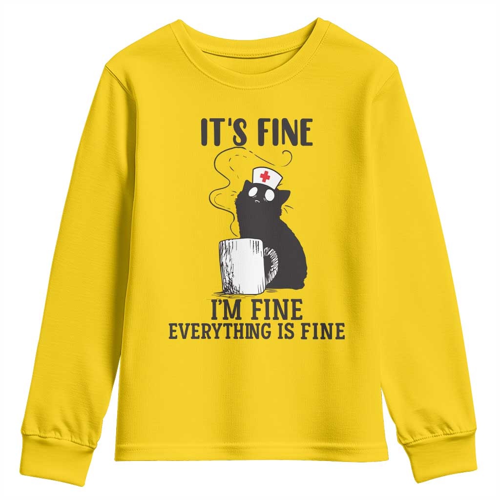 Funny Cat Nurse Youth Sweatshirt It Is Fine I Am Fine Everything Is Fine - Wonder Print Shop