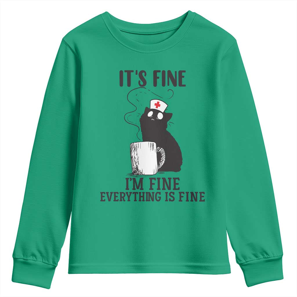 Funny Cat Nurse Youth Sweatshirt It Is Fine I Am Fine Everything Is Fine - Wonder Print Shop