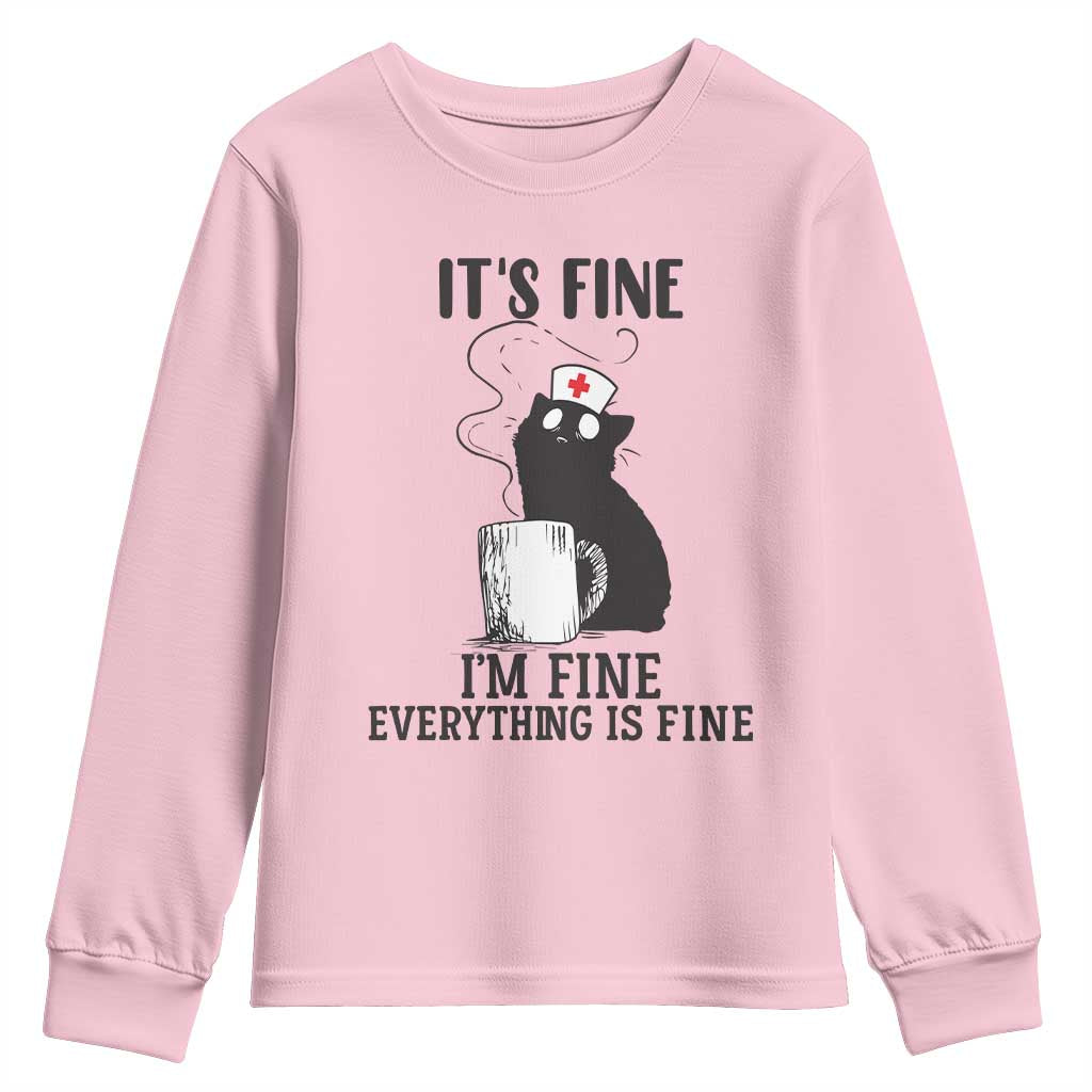 Funny Cat Nurse Youth Sweatshirt It Is Fine I Am Fine Everything Is Fine - Wonder Print Shop