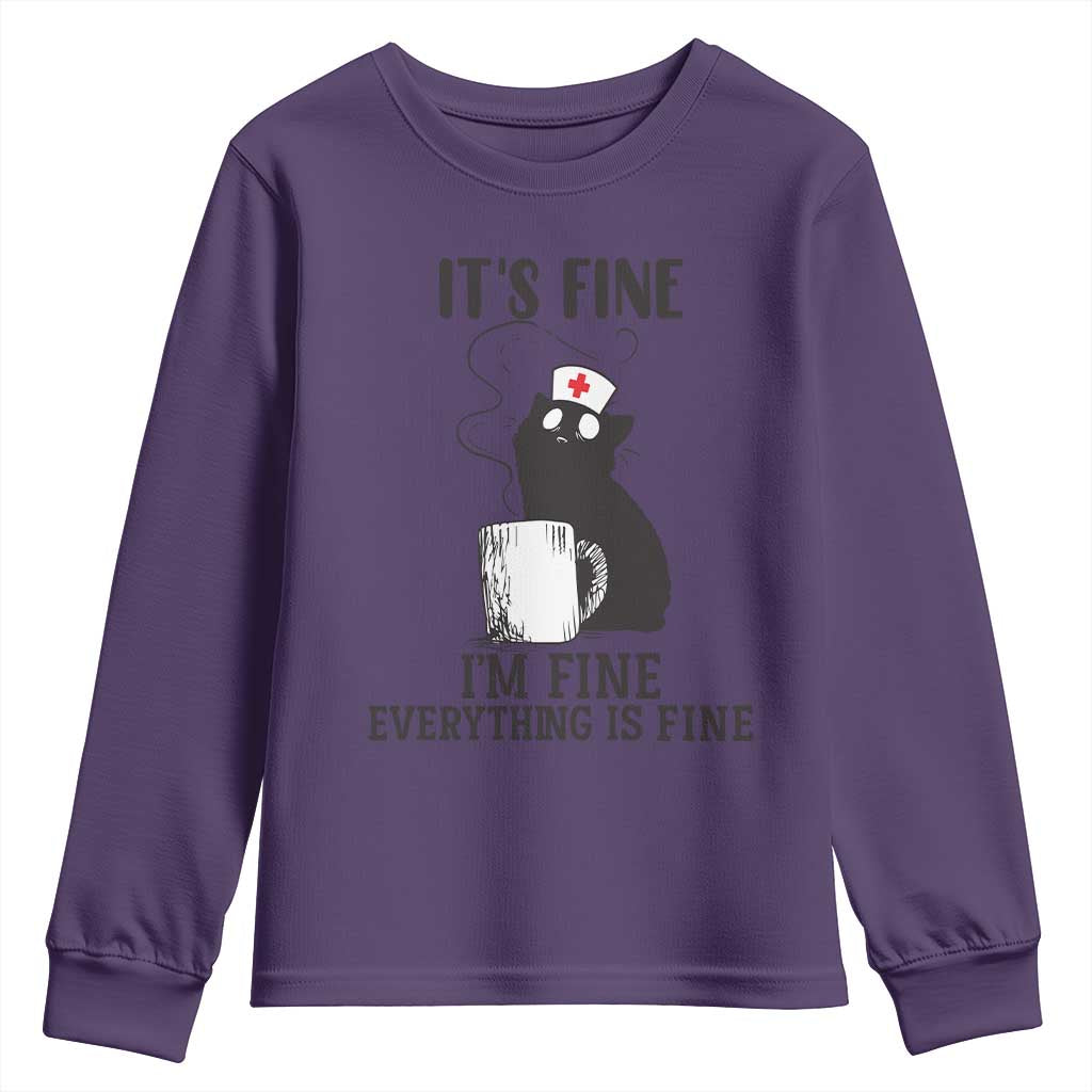 Funny Cat Nurse Youth Sweatshirt It Is Fine I Am Fine Everything Is Fine - Wonder Print Shop