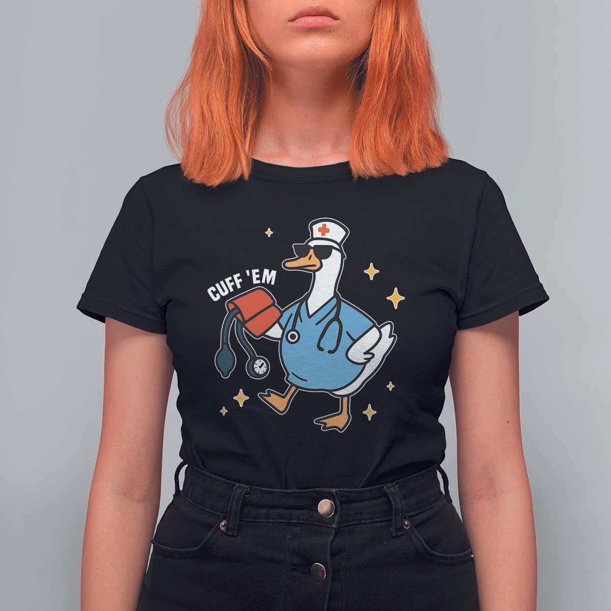 Cuff 'Em ER Nurse T Shirt For Women Funny Silly Goose Meme - Wonder Print Shop