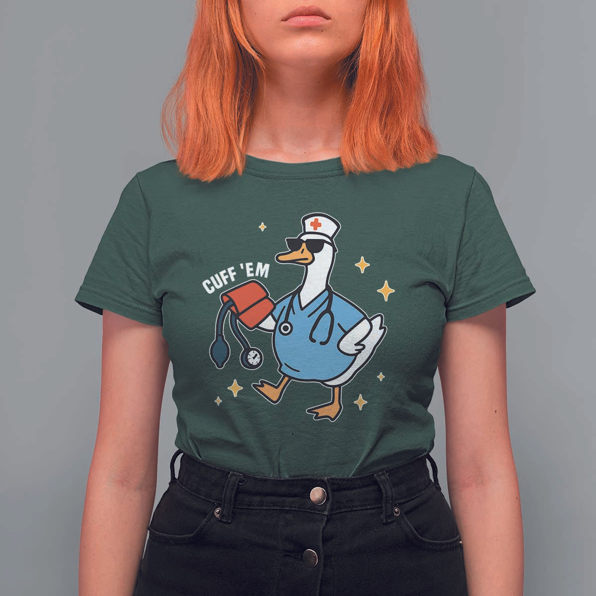 Cuff 'Em ER Nurse T Shirt For Women Funny Silly Goose Meme - Wonder Print Shop