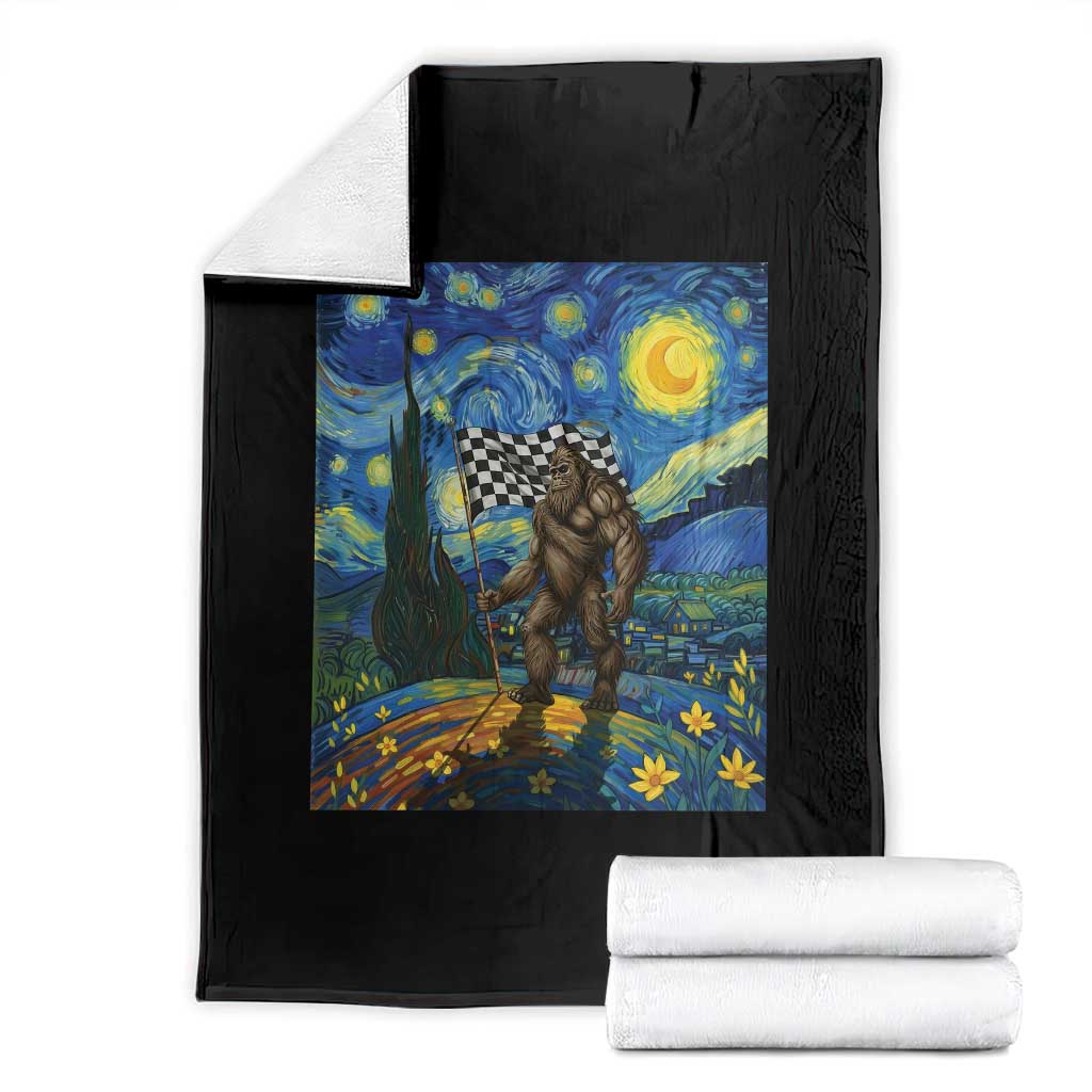 Bigfoot Racing Throw Blanket Sasquatch Checkered Flag Starry Night Van Gogh - Wonder Print Shop