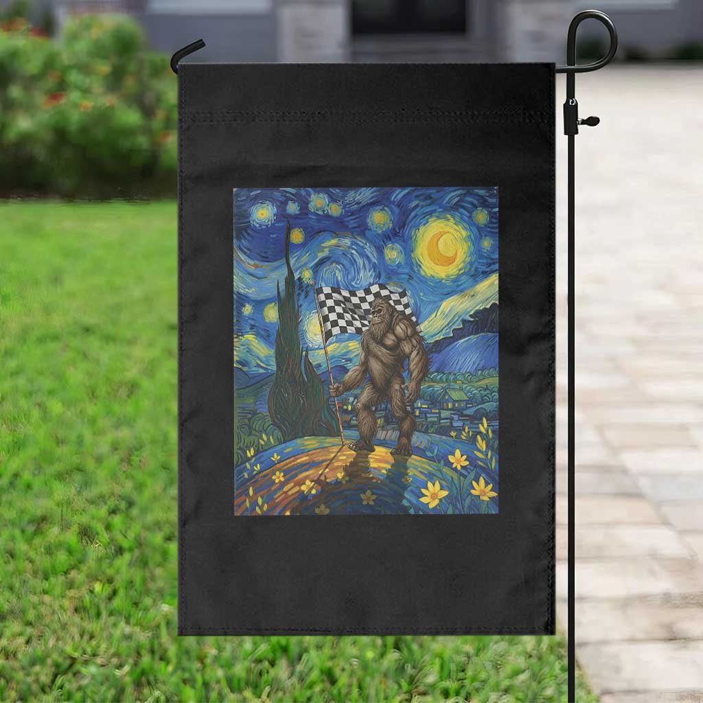 Bigfoot Racing Garden Flag Sasquatch Checkered Flag Starry Night Van Gogh - Wonder Print Shop