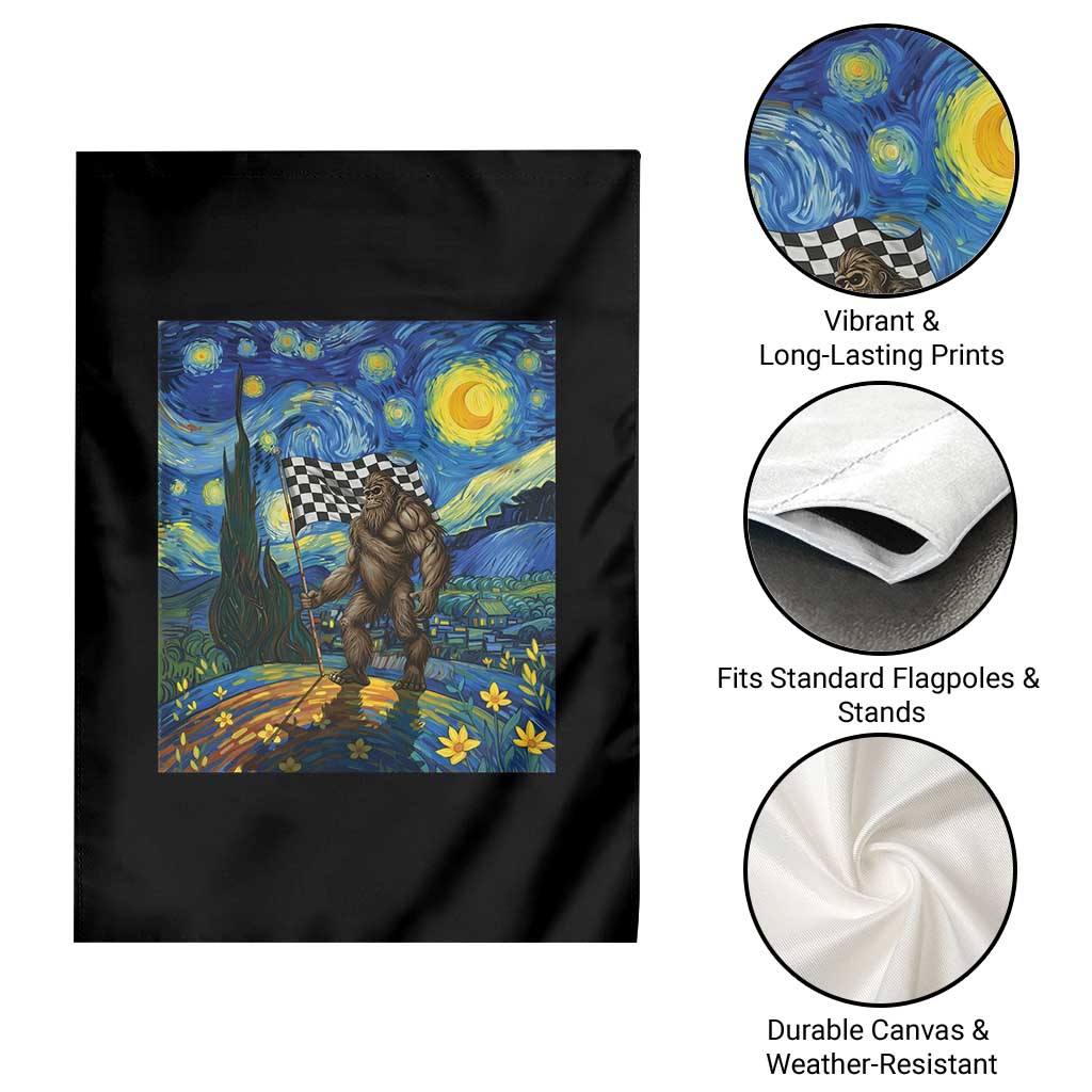 Bigfoot Racing Garden Flag Sasquatch Checkered Flag Starry Night Van Gogh - Wonder Print Shop