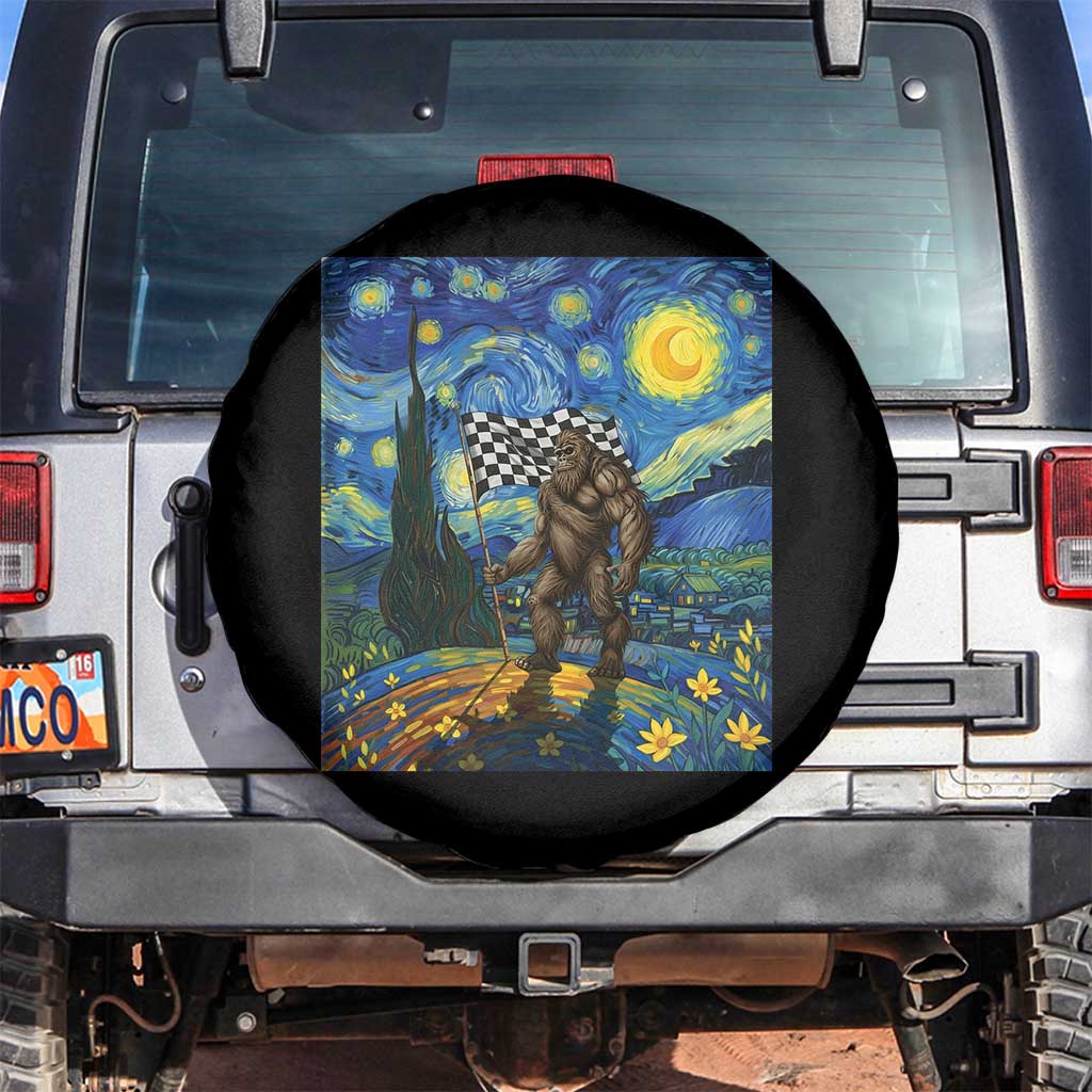 Bigfoot Racing Spare Tire Cover Sasquatch Checkered Flag Starry Night Van Gogh - Wonder Print Shop